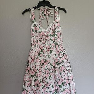 J. Roberts Floral Pink Print White Halter Sweetheart Twill Lined Maxi Dress